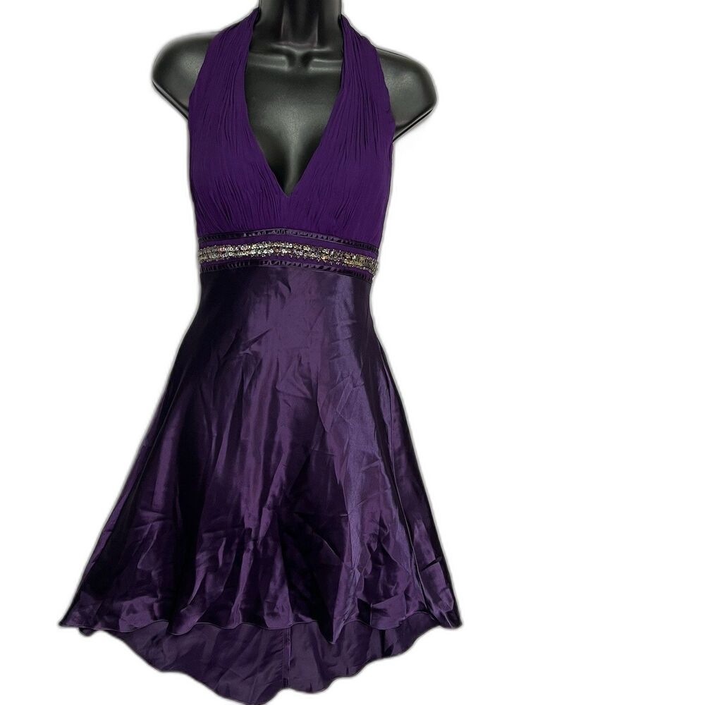 Fredericks of Hollywood Purple Halter Dress Beaded Satin Y2K Babydoll Coquette 6